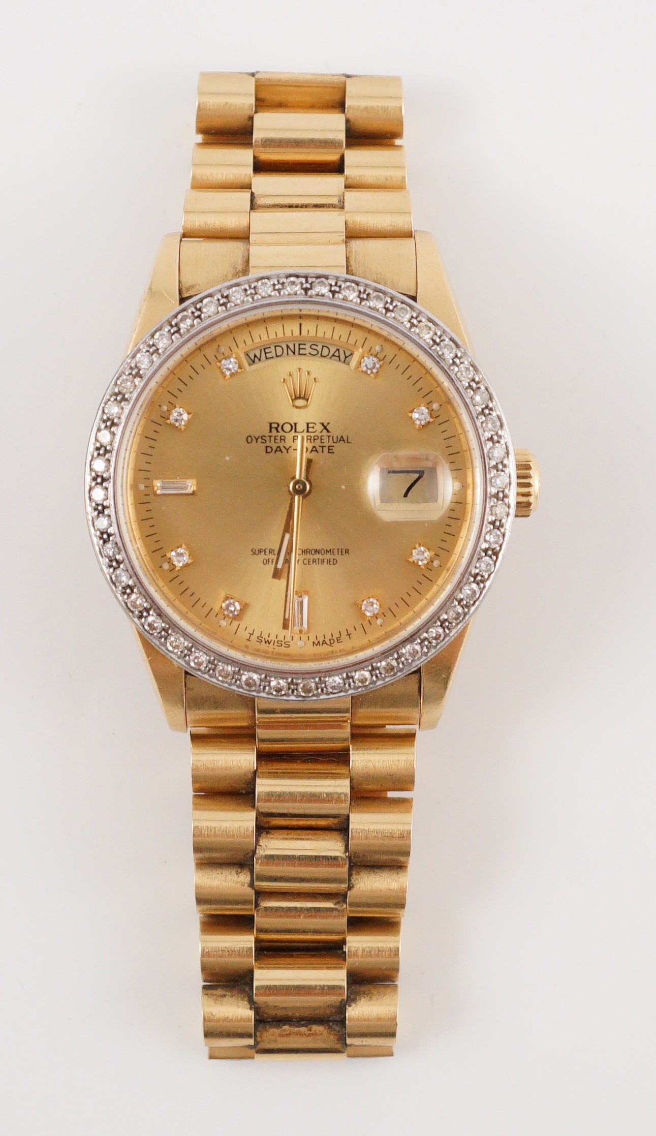 A gentleman's 1980's 18ct gold and diamond set Rolex Oyster Perpetual Day-Date wrist watch